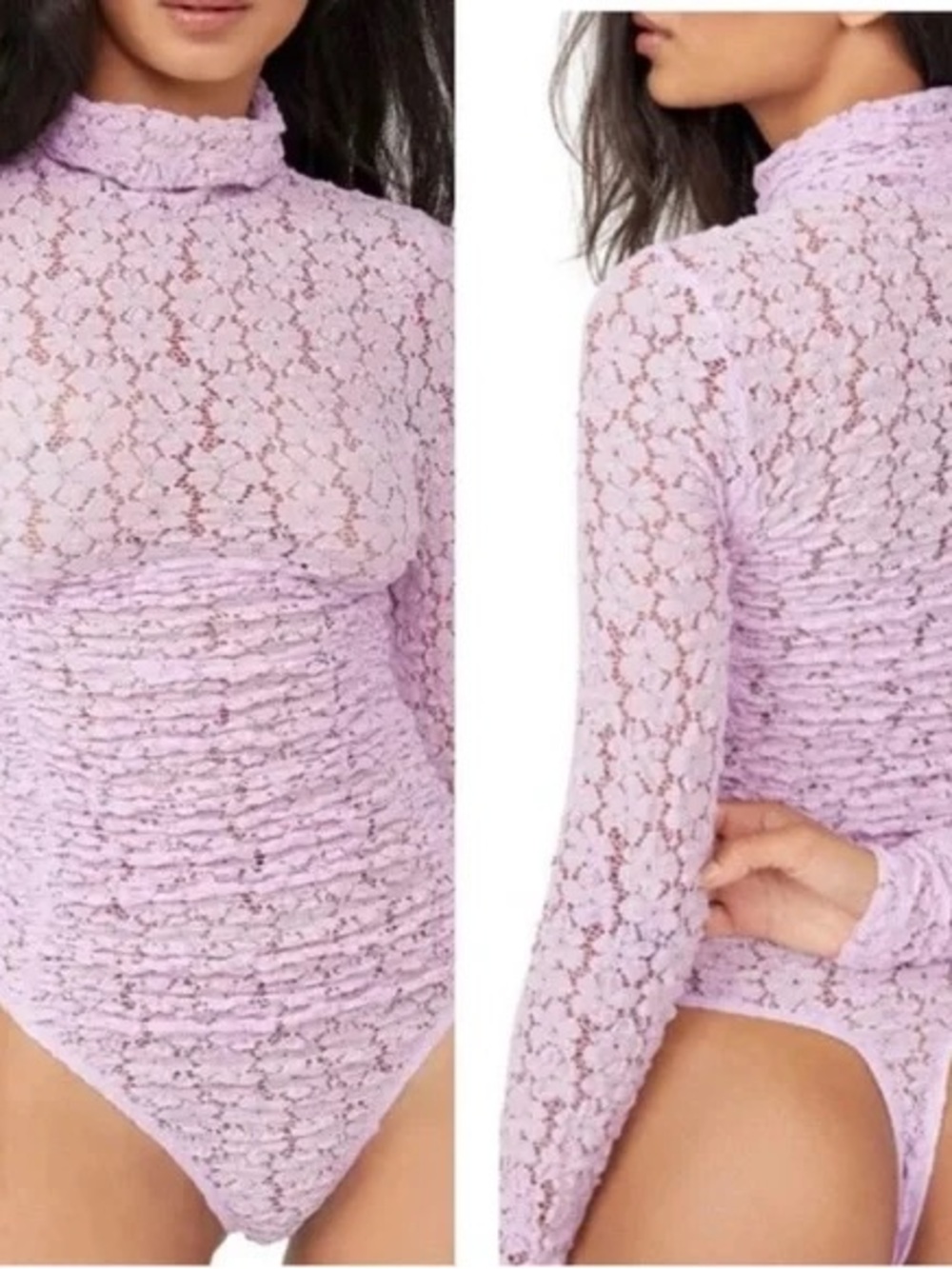 Free People Lavender Lace Long-Sleeve Mock Neck Bodysuit NWT